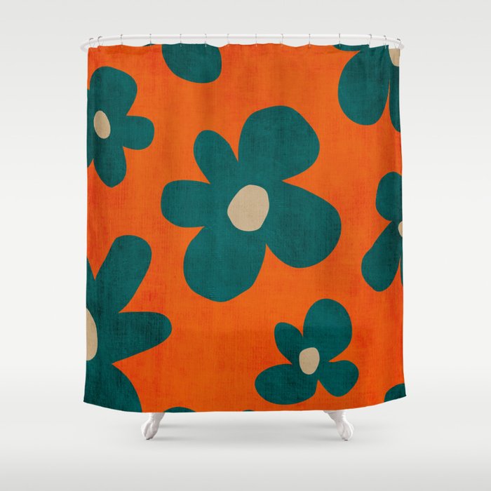 Teal Orange Minimalist Flower Modern Artwork Shower Curtain Gallery Image 1