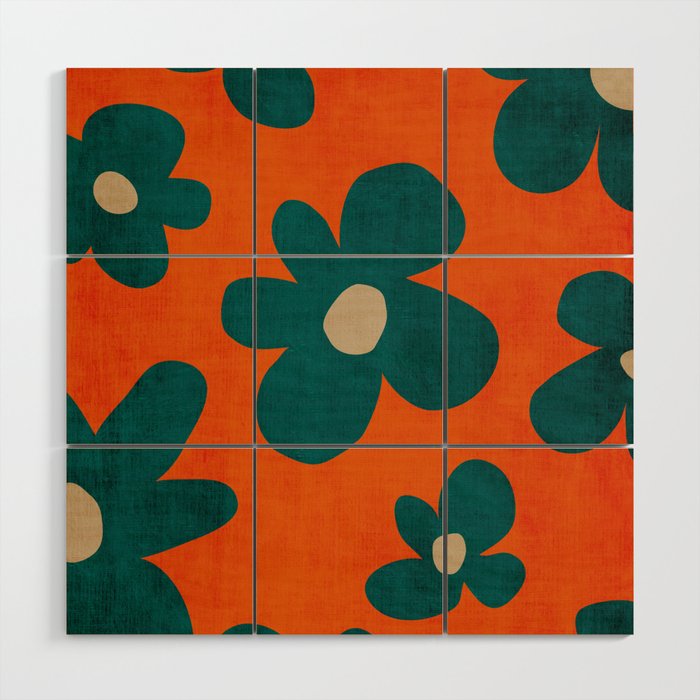 Teal Orange Minimalist Flower Modern Artwork Wood Wall Art Gallery Image 1