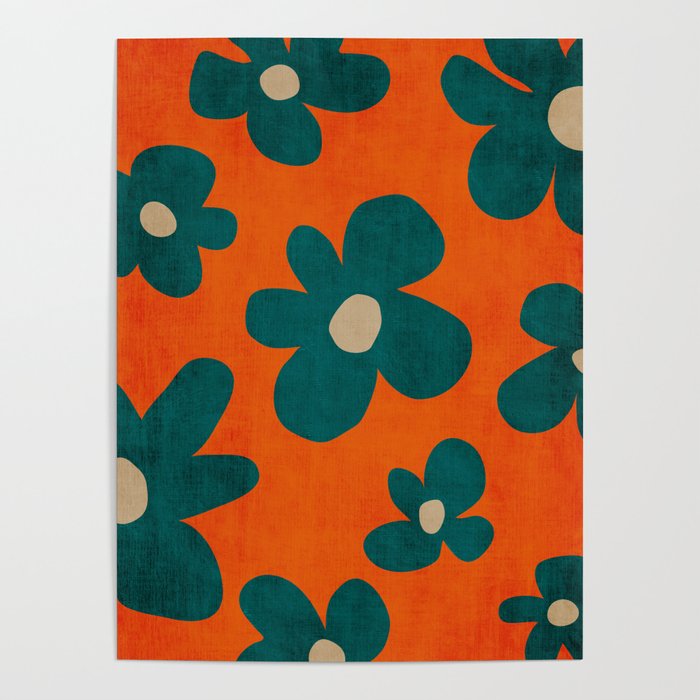Teal Orange Minimalist Flower Modern Artwork Poster Gallery Image 4