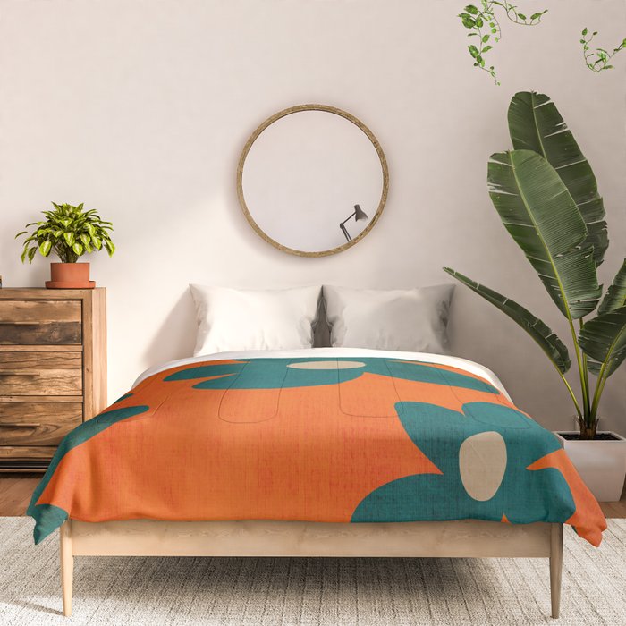 Teal Orange Minimalist Flower Modern Artwork Comforter Gallery Image 3