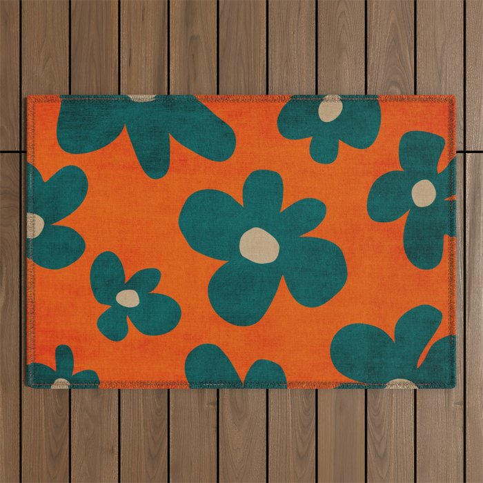 Teal Orange Minimalist Flower Modern Artwork Outdoor Rug Gallery Image 1