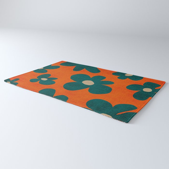 Teal Orange Minimalist Flower Modern Artwork Rug Gallery Image 3