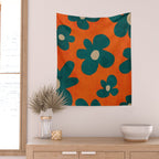 Teal Orange Minimalist Flower Modern Artwork Wall Tapestry Gallery Image 2