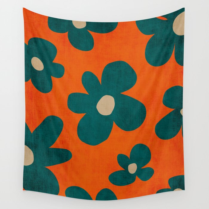 Teal Orange Minimalist Flower Modern Artwork Wall Tapestry Gallery Image 4