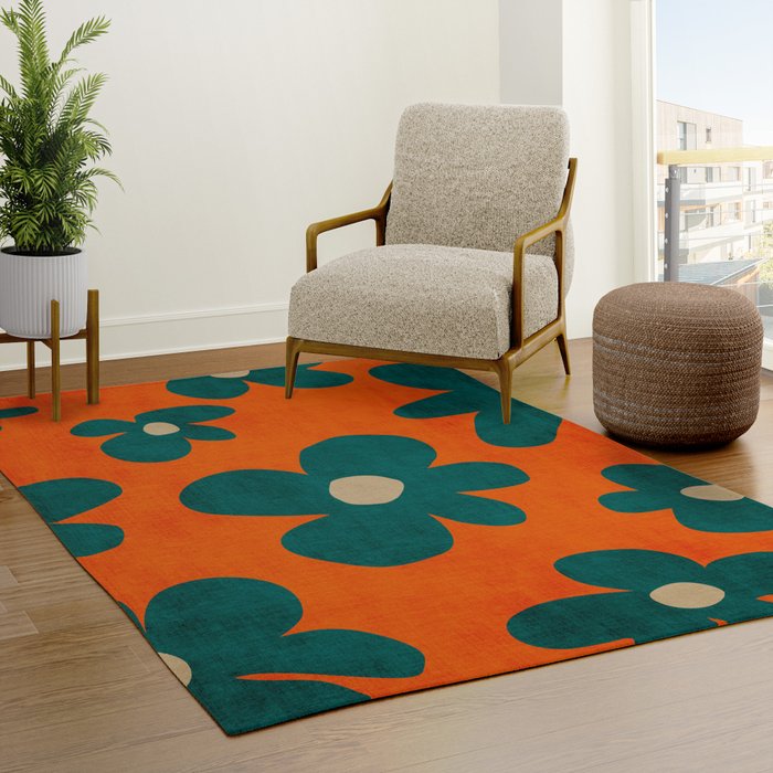 Teal Orange Minimalist Flower Modern Artwork Rug Gallery Image 3