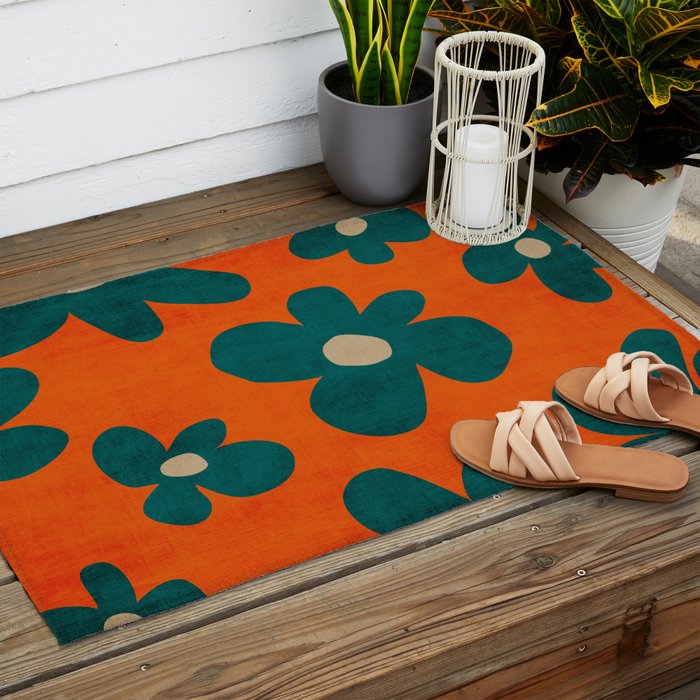Teal Orange Minimalist Flower Modern Artwork Outdoor Rug Gallery Image 2
