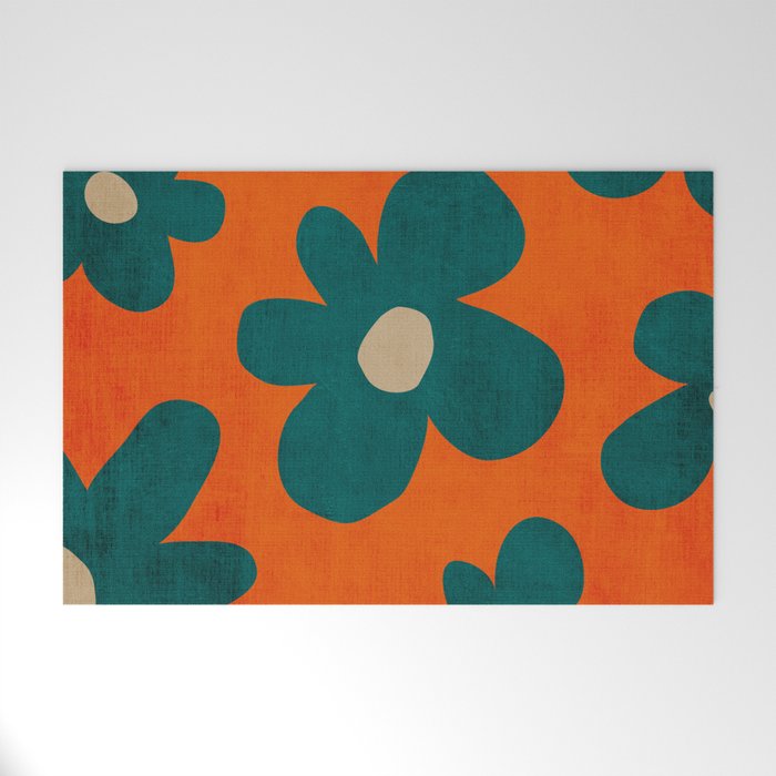 Teal Orange Minimalist Flower Modern Artwork Welcome Mat Gallery Image 1