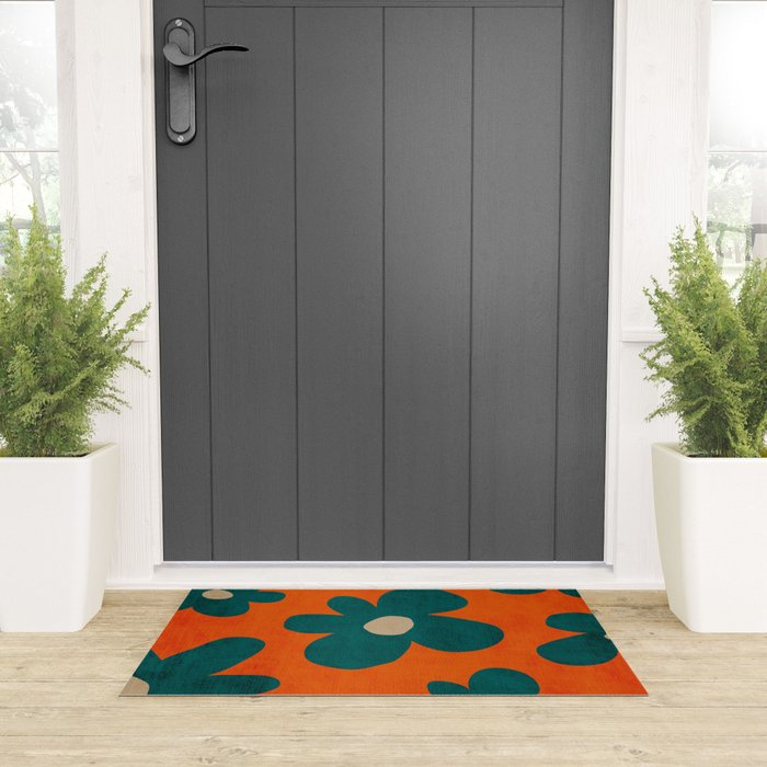 Teal Orange Minimalist Flower Modern Artwork Welcome Mat Gallery Image 3