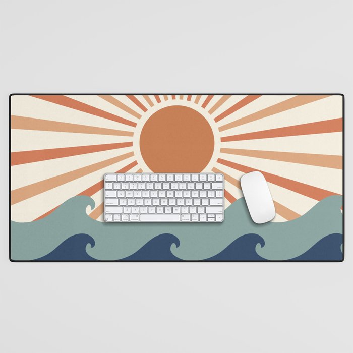 Retro, Sun and Wave Art, Blue and Orange Desk Mat Gallery Image 1