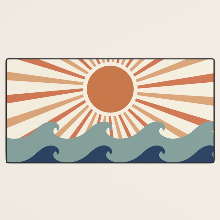 Retro, Sun and Wave Art, Blue and Orange Desk Mat Gallery Image 3