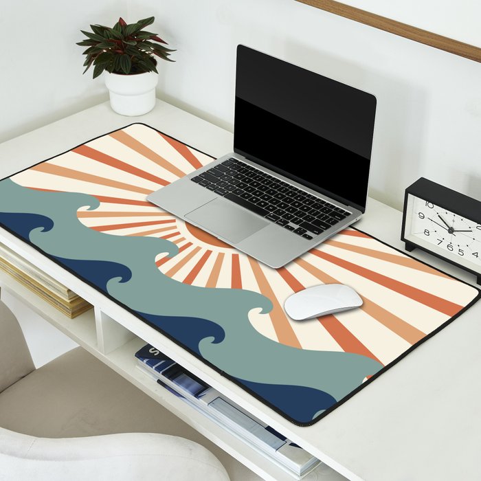 Retro, Sun and Wave Art, Blue and Orange Desk Mat Gallery Image 2