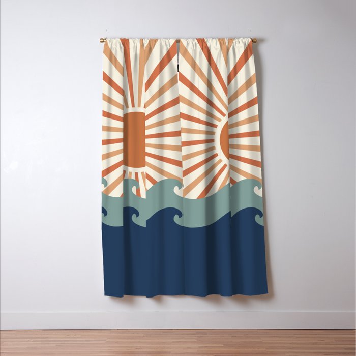 Retro, Sun and Wave Art, Blue and Orange Window Curtain Gallery Image 3