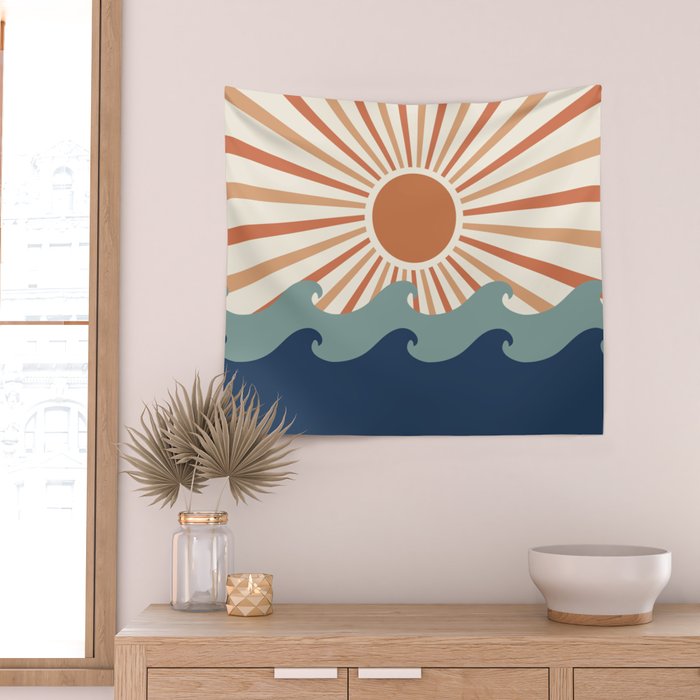 Retro, Sun and Wave Art, Blue and Orange Wall Tapestry Gallery Image 2