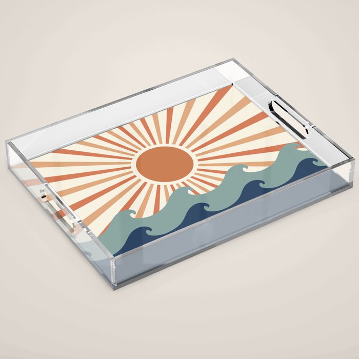 Retro, Sun and Wave Art, Blue and Orange Acrylic Tray Gallery Image 1