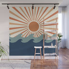 Retro, Sun and Wave Art, Blue and Orange Wall Mural Gallery Image 1