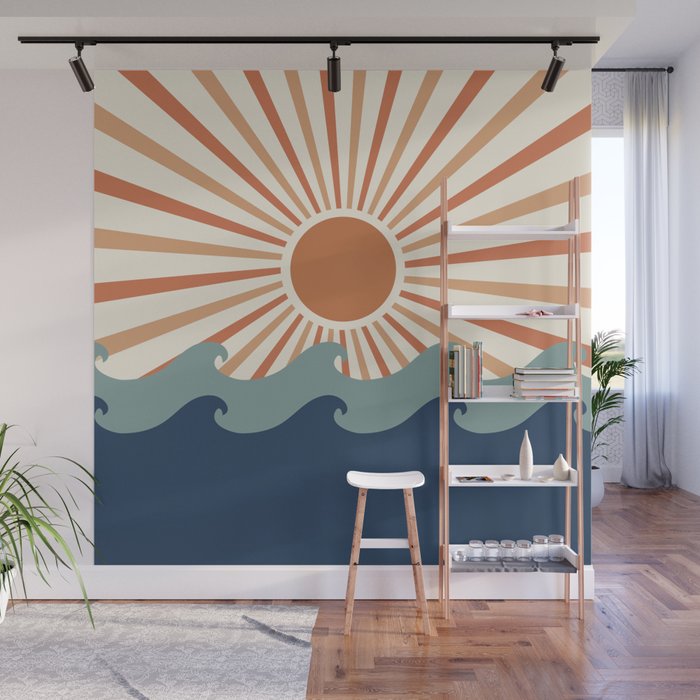 Retro, Sun and Wave Art, Blue and Orange Wall Mural Gallery Image 1