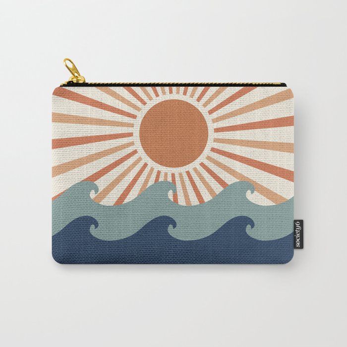 Retro, Sun and Wave Art, Blue and Orange Carry All Pouch Gallery Image 1