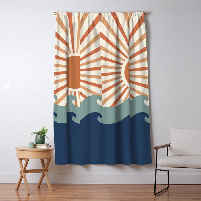 Retro, Sun and Wave Art, Blue and Orange Window Curtain Gallery Image 1