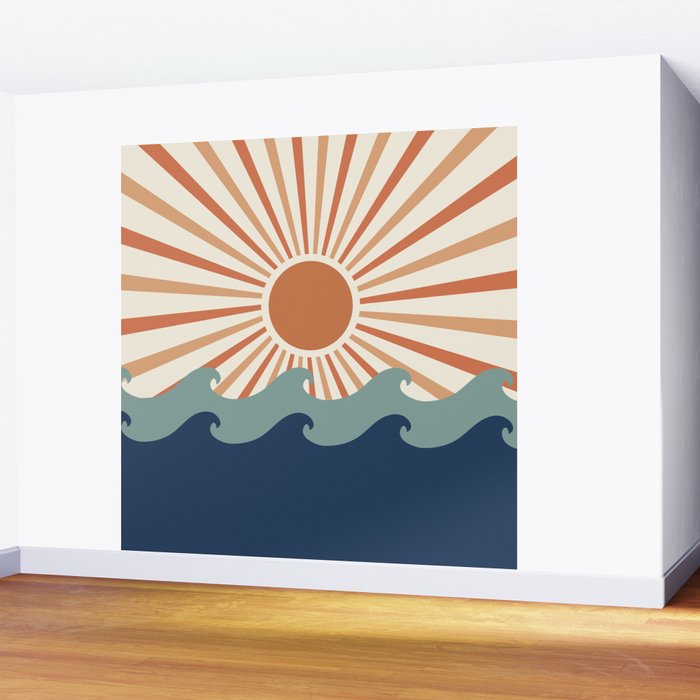 Retro, Sun and Wave Art, Blue and Orange Wall Mural Gallery Image 2