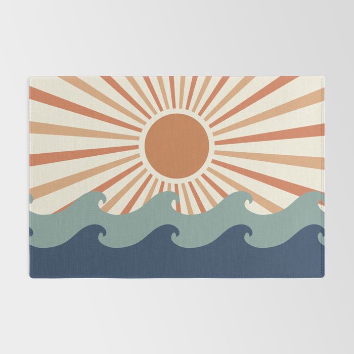 Retro, Sun and Wave Art, Blue and Orange Rug Gallery Image 2