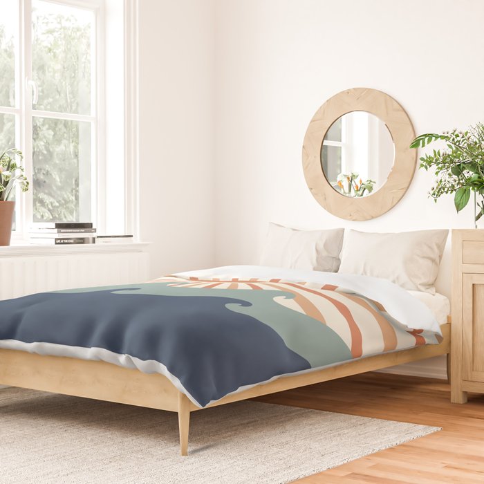 Retro, Sun and Wave Art, Blue and Orange Duvet Cover Gallery Image 2