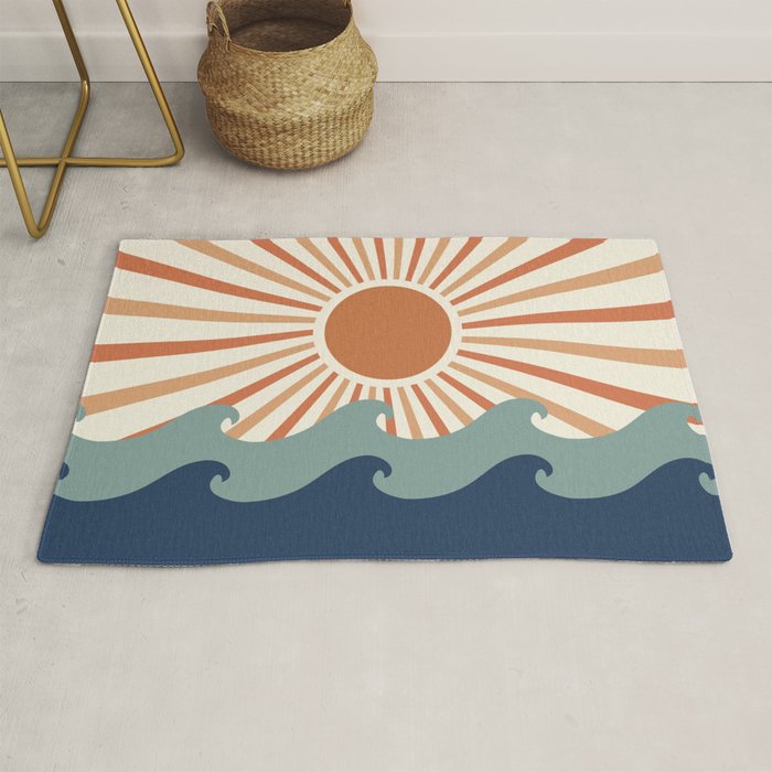 Retro, Sun and Wave Art, Blue and Orange Rug Gallery Image 1