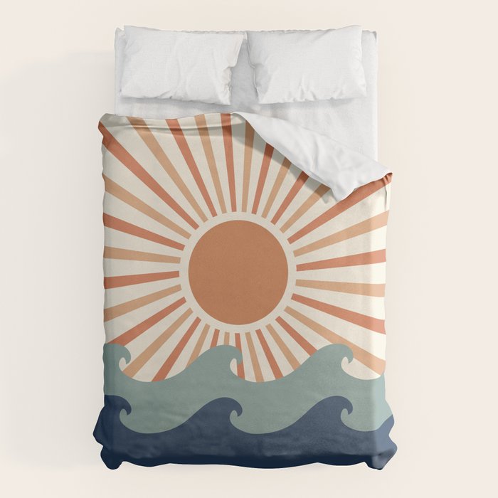 Retro, Sun and Wave Art, Blue and Orange Duvet Cover Gallery Image 1