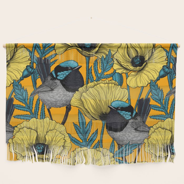 Fairy wren and poppies in yellow Wall Hanging Gallery Image 1