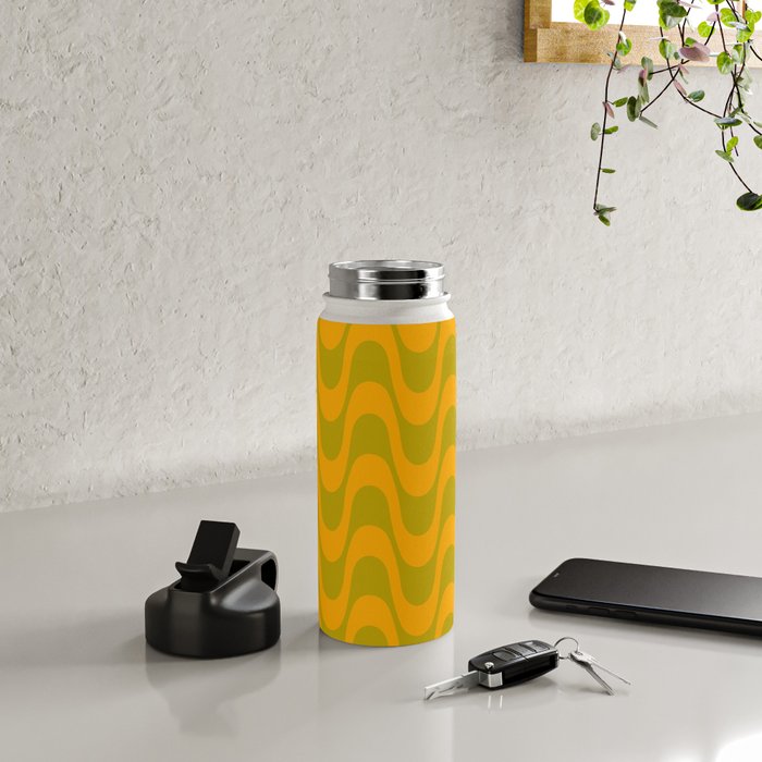 Retro Groovy Waves - Yellow and Green Water Bottle Gallery Image 4