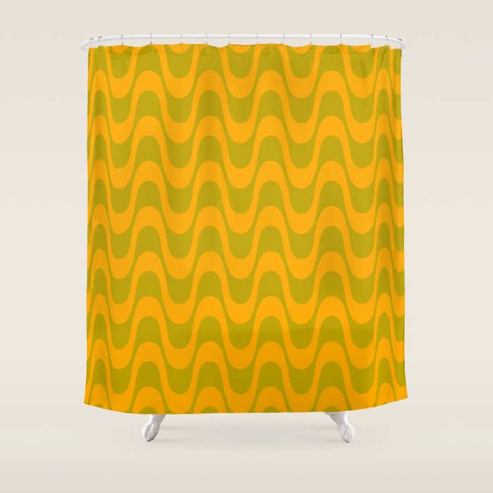 Retro Groovy Waves - Yellow and Green Shower Curtain Gallery Image 1