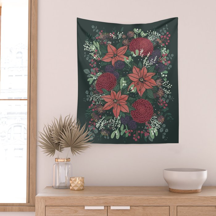 Wild Flowers Winter Bouquet (Enchanting Hidden Monsters in Dark Floral) Wall Tapestry Gallery Image 2