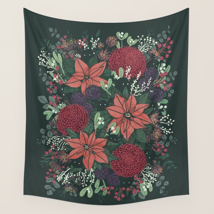 Wild Flowers Winter Bouquet (Enchanting Hidden Monsters in Dark Floral) Wall Tapestry Gallery Image 4