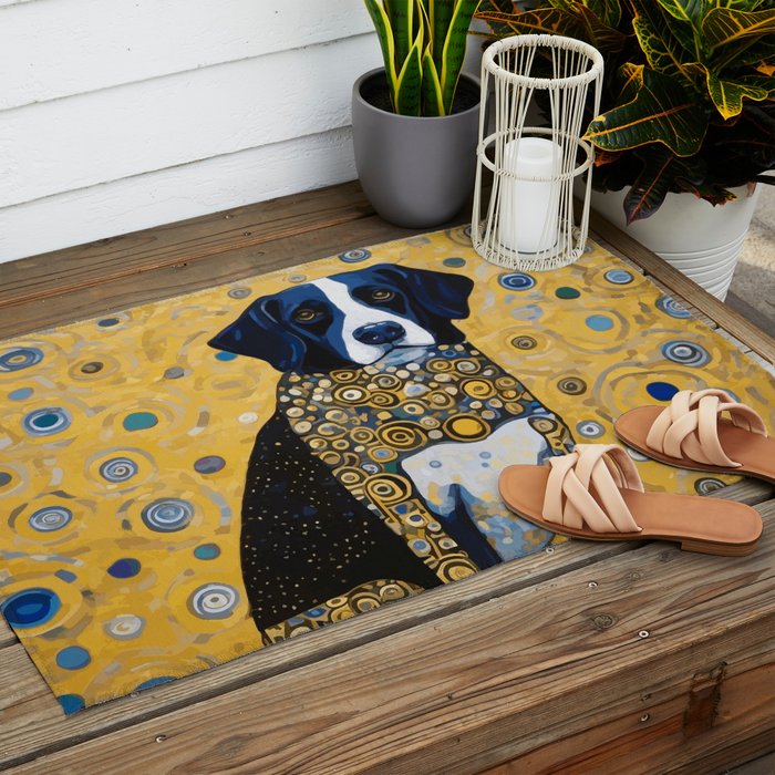 Gustav Klimt Style Dog with Blue and Gold Coat Outdoor Rug Gallery Image 2