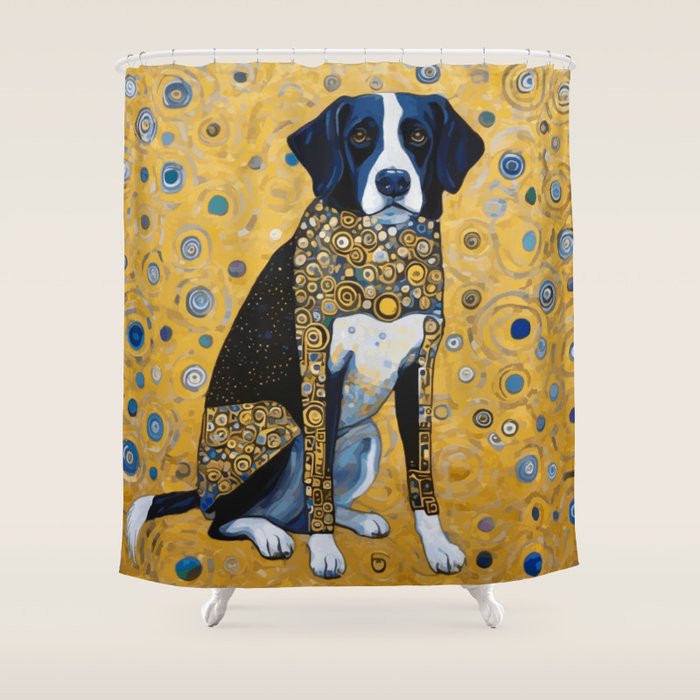 Gustav Klimt Style Dog with Blue and Gold Coat Shower Curtain Gallery Image 1