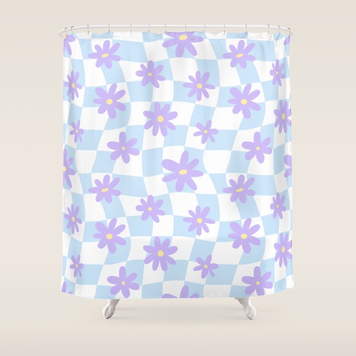 Retro psychedelic flower checkered print Shower Curtain Gallery Image 1