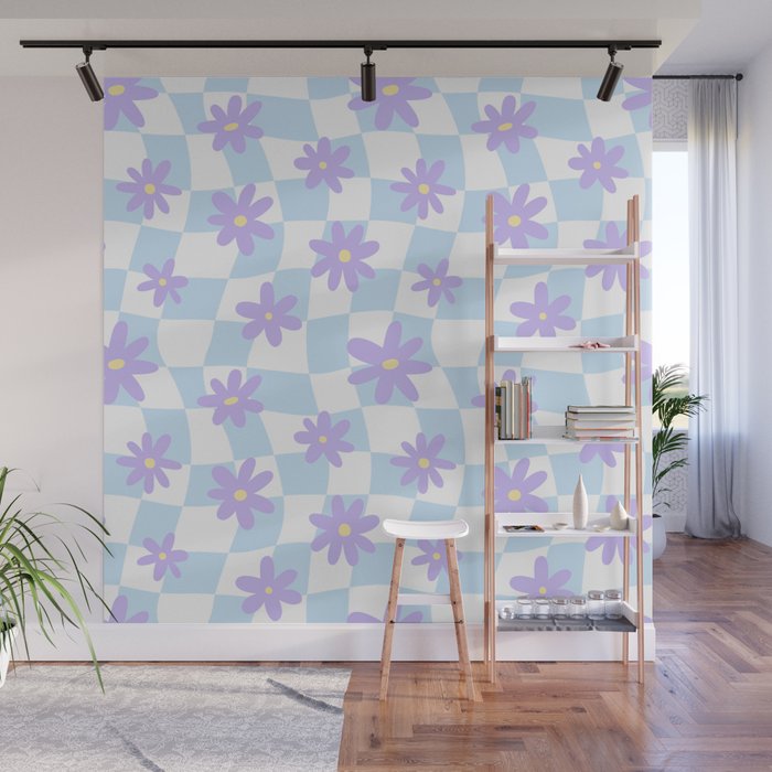 Retro psychedelic flower checkered print Wall Mural Gallery Image 1