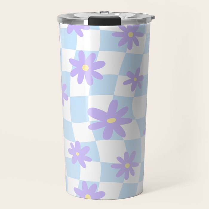 Retro psychedelic flower checkered print Travel Mug Gallery Image 1