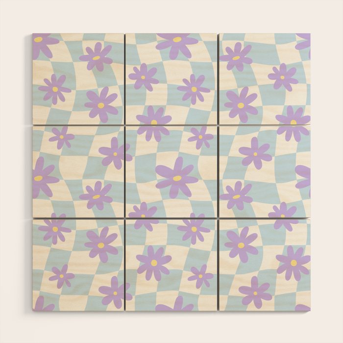 Retro psychedelic flower checkered print Wood Wall Art Gallery Image 1