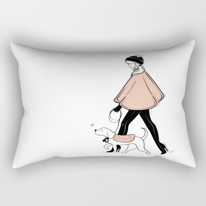Winter Walk with my Pup Fashion Illustration Rectangular Pillow Gallery Image 1