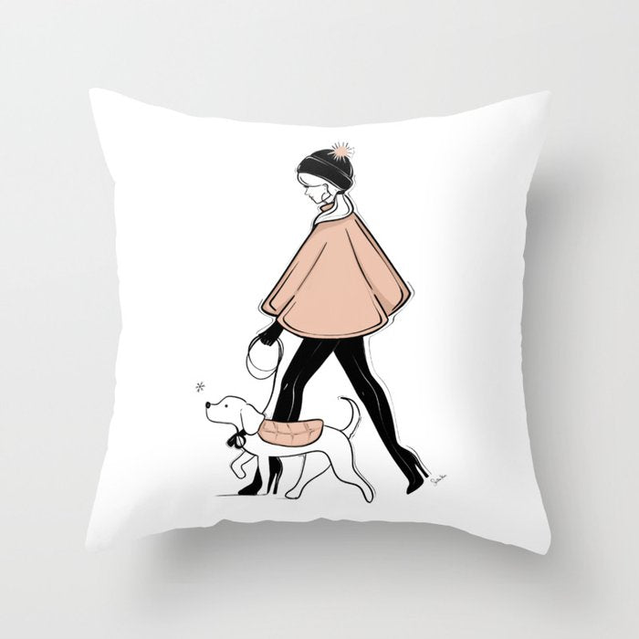 Winter Walk with my Pup Fashion Illustration Throw Pillow Gallery Image 1