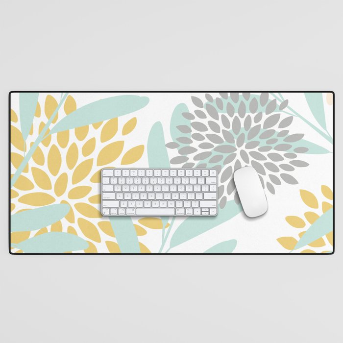 Floral Prints, Leaves and Blooms, Yellow, Gray and Aqua Desk Mat Gallery Image 1