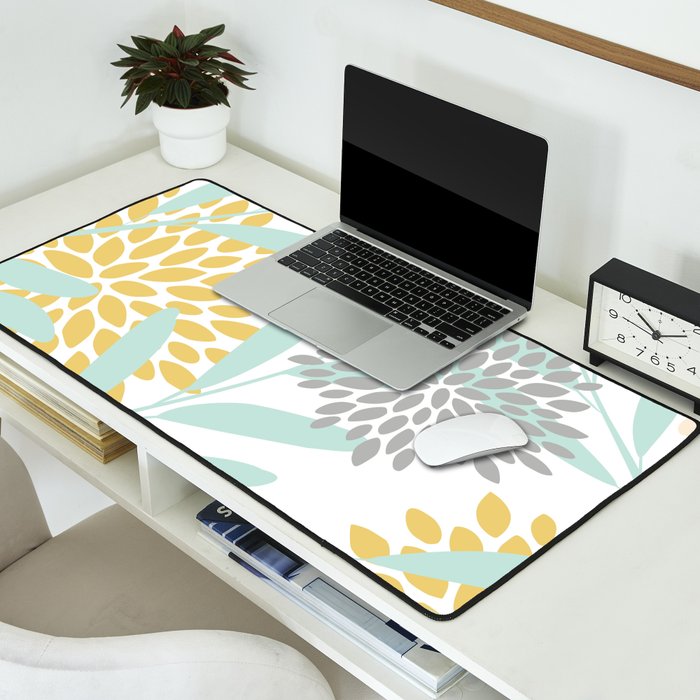 Floral Prints, Leaves and Blooms, Yellow, Gray and Aqua Desk Mat Gallery Image 2