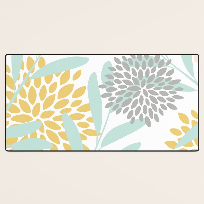Floral Prints, Leaves and Blooms, Yellow, Gray and Aqua Desk Mat Gallery Image 3