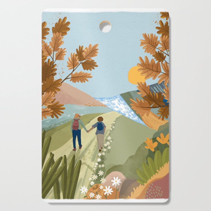 Couple Hiking Through colorful landscape Cutting Board Gallery Image 1
