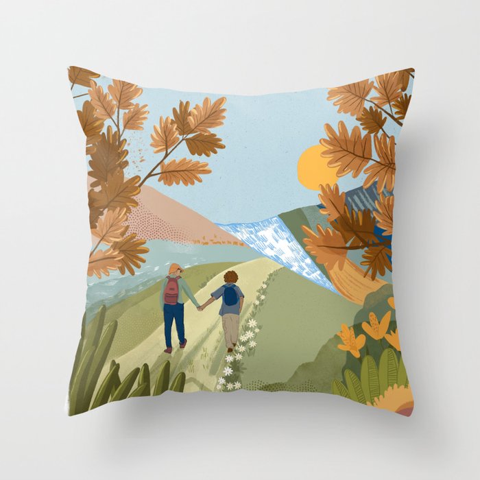 Couple Hiking Through colorful landscape Throw Pillow Gallery Image 6