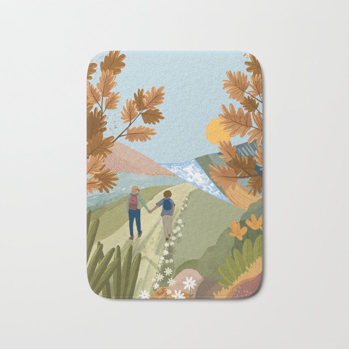 Couple Hiking Through colorful landscape Bath Mat Gallery Image 1