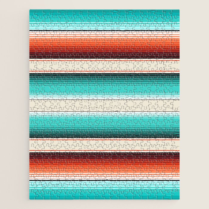 Navajo White, Turquoise and Burnt Orange Southwest Serape Blanket Stripes Jigsaw Puzzle Gallery Image 1