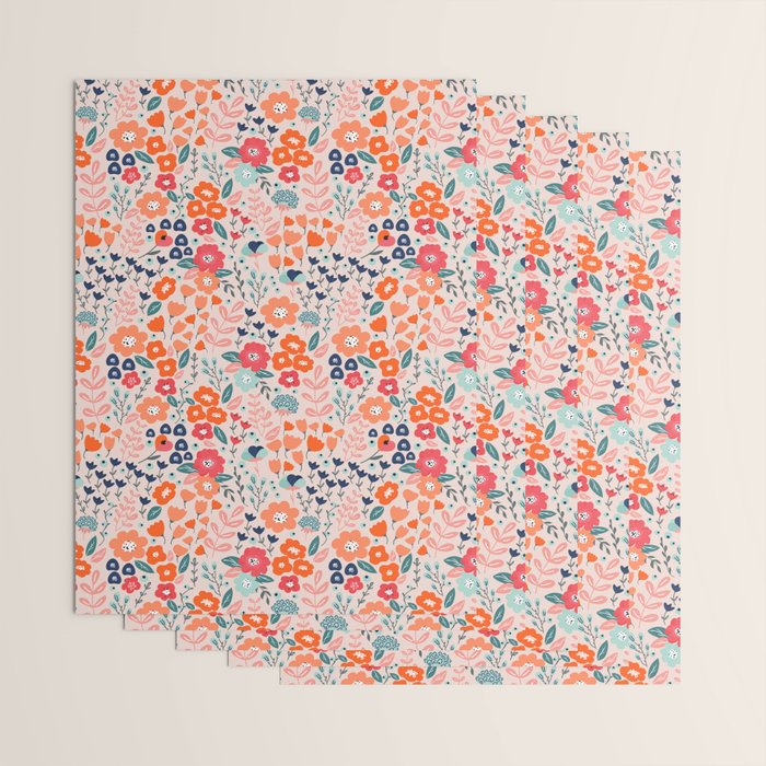 Ditsy Florals, Pink, Orange, Teal, Navy Wrapping Paper Gallery Image 3