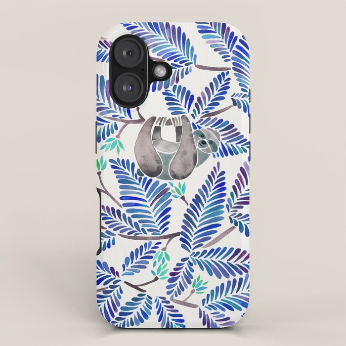 Happy Sloth - Tropical Blue Leaves iPhone Case Gallery Image 1