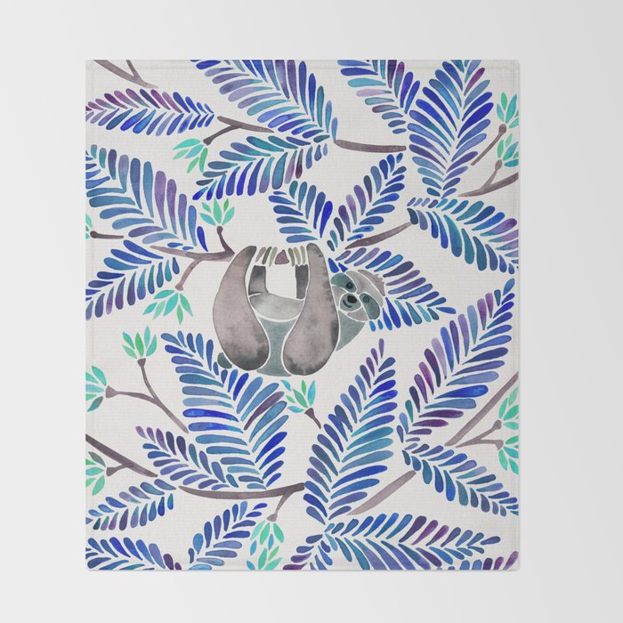 Happy Sloth - Tropical Blue Leaves Throw Blanket Gallery Image 2